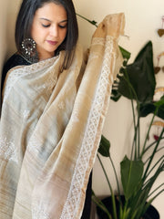 Lucknowi Dupatta with Mukaish Handwork in Pure Tussar Silk