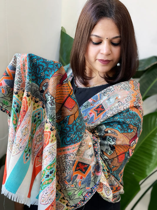 Woven Pashmina Kalamkari Stole with Embroidery
