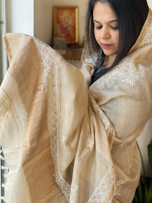 Lucknowi Dupatta with Mukaish Handwork in Pure Tussar Silk