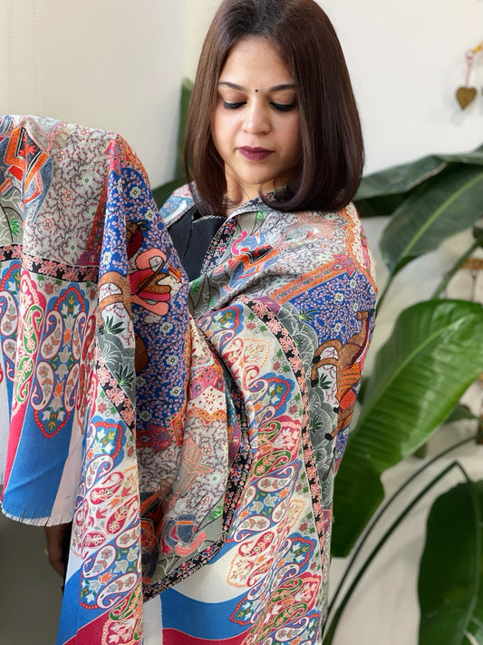 Woven Pashmina Kalamkari Stole with Embroidery