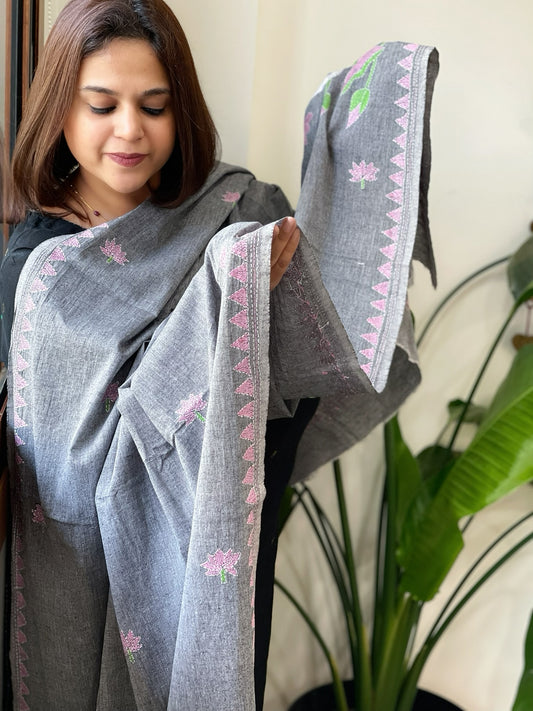 Grey Handmade Kantha Dupatta in Pure Cotton