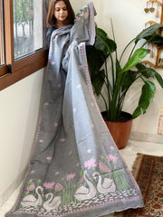 Grey Handmade Kantha Dupatta in Pure Cotton