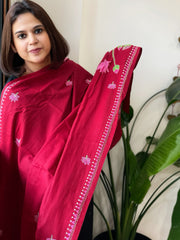 Deep Red Handmade Kantha Dupatta in Pure Cotton