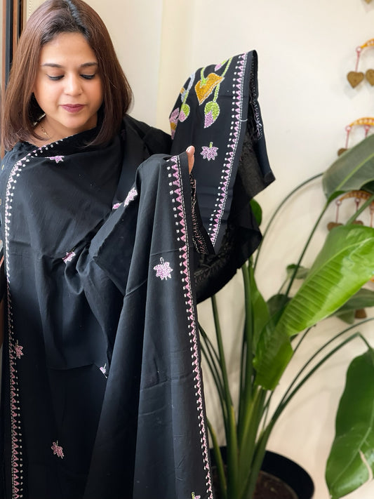 Black Handmade Kantha Dupatta in Pure Cotton