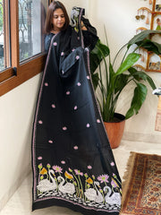 Black Handmade Kantha Dupatta in Pure Cotton