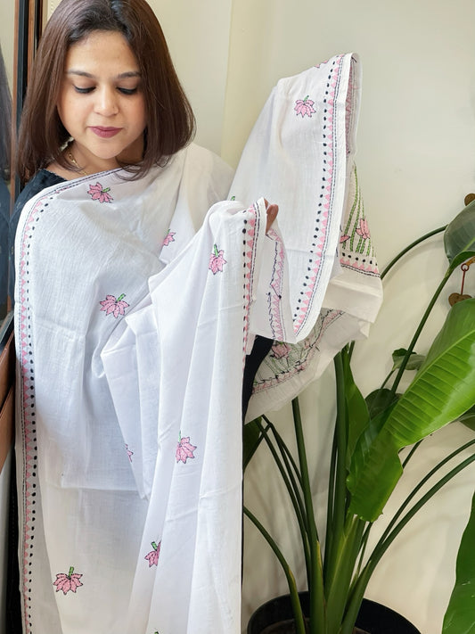 White Handmade Kantha Dupatta in Pure Cotton