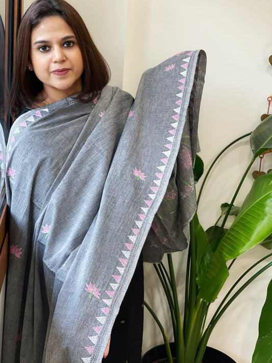 Grey Handmade Kantha Dupatta in Pure Cotton