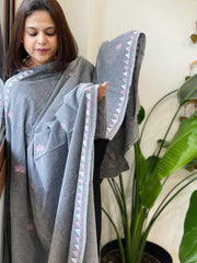 Grey Handmade Kantha Dupatta in Pure Cotton