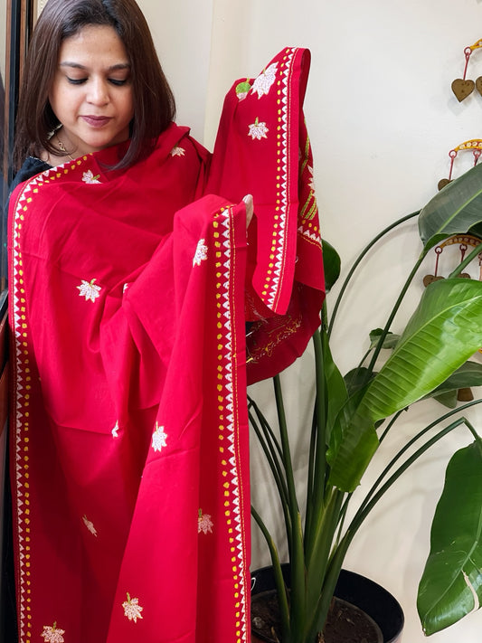 Red Handmade Kantha Dupatta in Pure Cotton