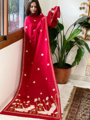 Red Handmade Kantha Dupatta in Pure Cotton