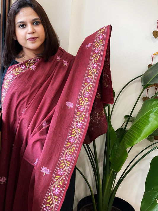 Maroon Handmade Kantha Dupatta in Pure Cotton