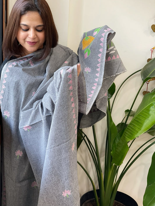 Grey Handmade Kantha Dupatta in Pure Cotton