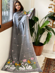 Grey Handmade Kantha Dupatta in Pure Cotton