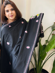 Black Handmade Kantha Dupatta in Pure Cotton