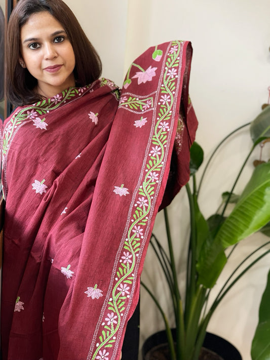 Maroon Handmade Kantha Dupatta in Pure Cotton
