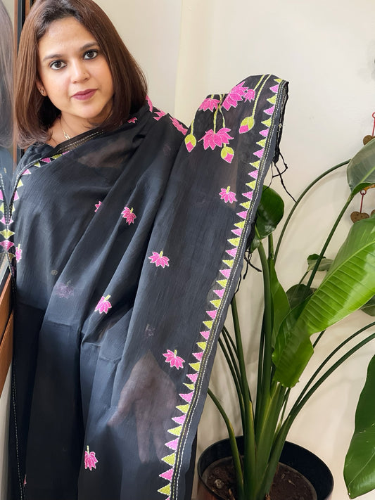 Black Handmade Kantha Dupatta in Pure Cotton