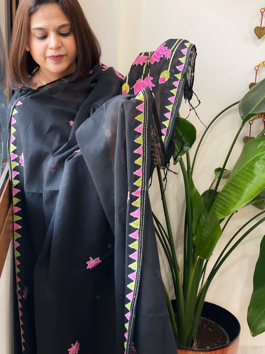 Black Handmade Kantha Dupatta in Pure Cotton