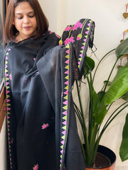 Black Handmade Kantha Dupatta in Pure Cotton