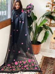 Black Handmade Kantha Dupatta in Pure Cotton