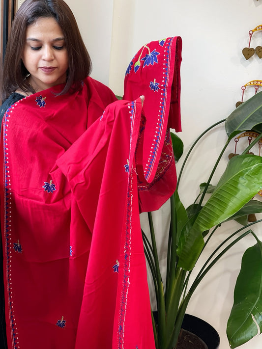 Red Handmade Kantha Dupatta in Pure Cotton