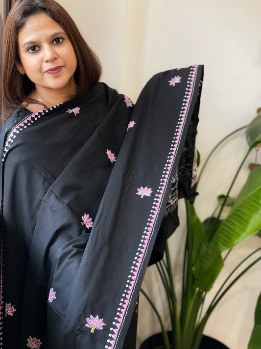 Black Handmade Kantha Dupatta in Pure Cotton