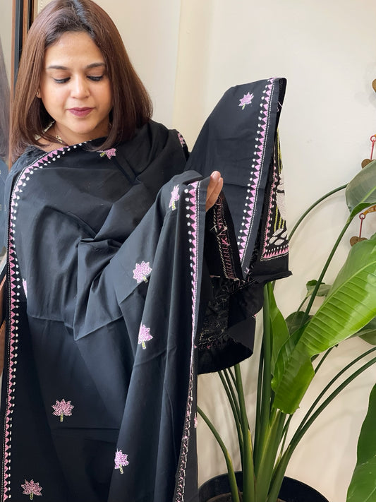 Black Handmade Kantha Dupatta in Pure Cotton