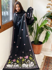 Black Handmade Kantha Dupatta in Pure Cotton