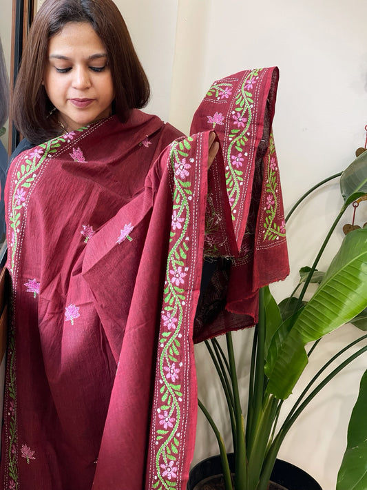 Maroon Handmade Kantha Dupatta in Pure Cotton