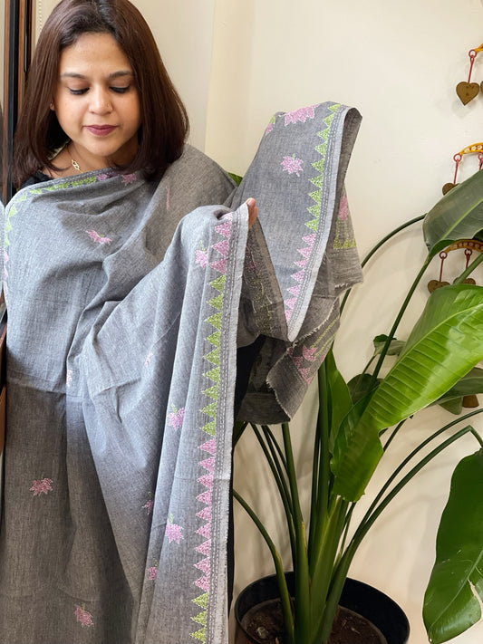 Grey Handmade Kantha Dupatta in Pure Cotton