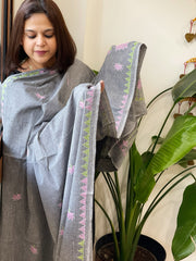 Grey Handmade Kantha Dupatta in Pure Cotton