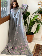 Grey Handmade Kantha Dupatta in Pure Cotton