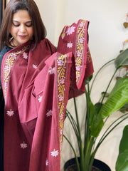 Maroon Handmade Kantha Dupatta in Pure Cotton