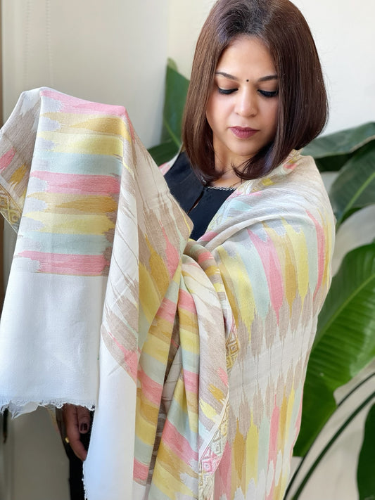 Ivory Woven Ikat Pashmina Shawl