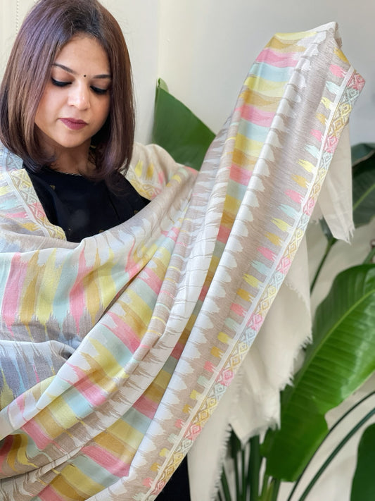 Ivory Woven Ikat Pashmina Shawl