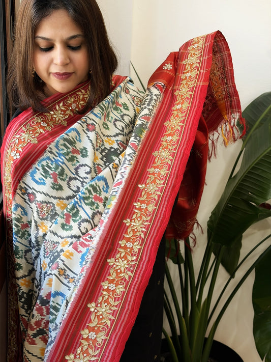 Ivory Handwoven Ikat Patola with Gotapatti & Pearl Handwork dupatta in Pure Silk