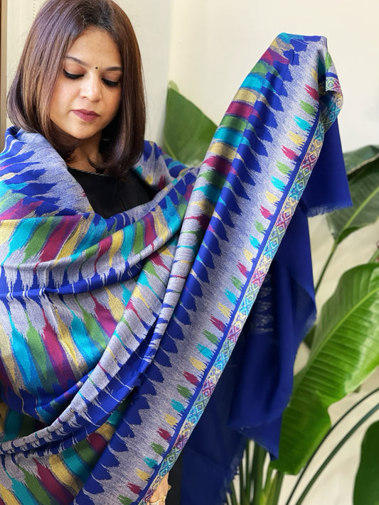 Electric Blue Woven Ikat Pashmina Shawl
