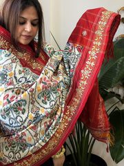 Ivory Handwoven Ikat Patola with Gotapatti & Pearl Handwork dupatta in Pure Silk