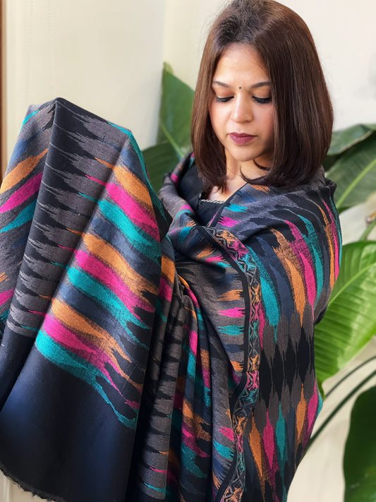 Black Woven Ikat Pashmina Shawl