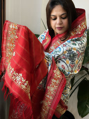 Ivory Handwoven Ikat Patola with Gotapatti & Pearl Handwork dupatta in Pure Silk