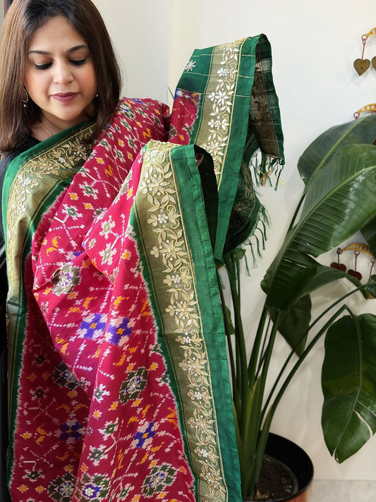 Pink, Green Handwoven Ikat Patola with Gotapatti & Pearl Handwork dupatta in Pure Silk