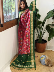 Pink, Green Handwoven Ikat Patola with Gotapatti & Pearl Handwork dupatta in Pure Silk