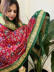 Pink, Green Handwoven Ikat Patola with Gotapatti & Pearl Handwork dupatta in Pure Silk