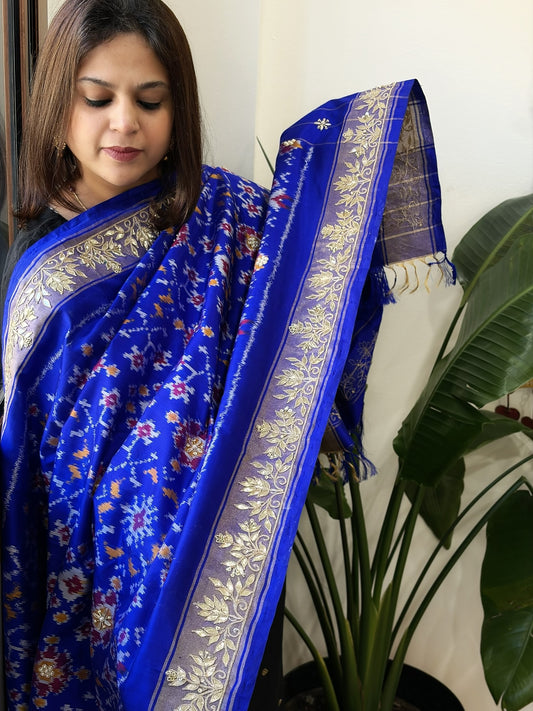 Royal Blue Handwoven Ikat Patola with Gotapatti & Pearl Handwork dupatta in Pure Silk