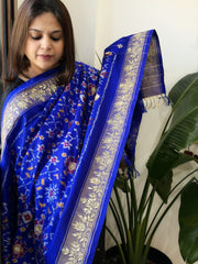 Royal Blue Handwoven Ikat Patola with Gotapatti & Pearl Handwork dupatta in Pure Silk