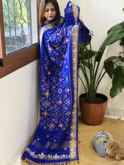 Royal Blue Handwoven Ikat Patola with Gotapatti & Pearl Handwork dupatta in Pure Silk
