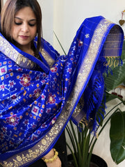 Royal Blue Handwoven Ikat Patola with Gotapatti & Pearl Handwork dupatta in Pure Silk