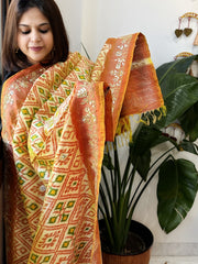 Lite Yellow Handwoven Ikat Patola with Gotapatti & Pearl Handwork dupatta in Pure Silk