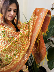 Lite Yellow Handwoven Ikat Patola with Gotapatti & Pearl Handwork dupatta in Pure Silk