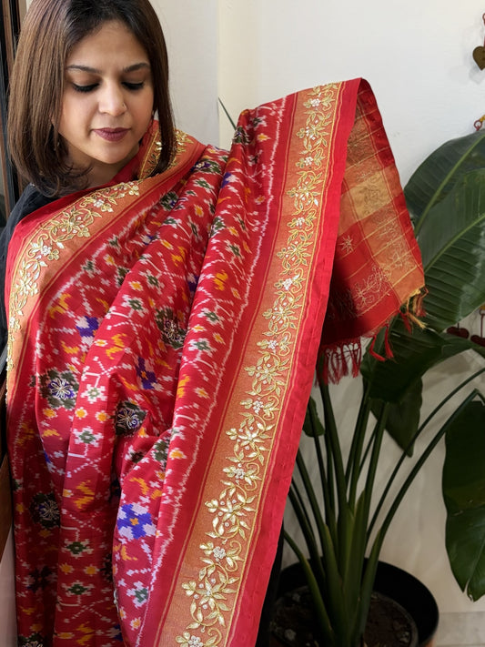 Red Handwoven Ikat Patola with Gotapatti & Pearl Handwork dupatta in Pure Silk