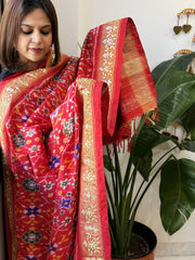 Red Handwoven Ikat Patola with Gotapatti & Pearl Handwork dupatta in Pure Silk